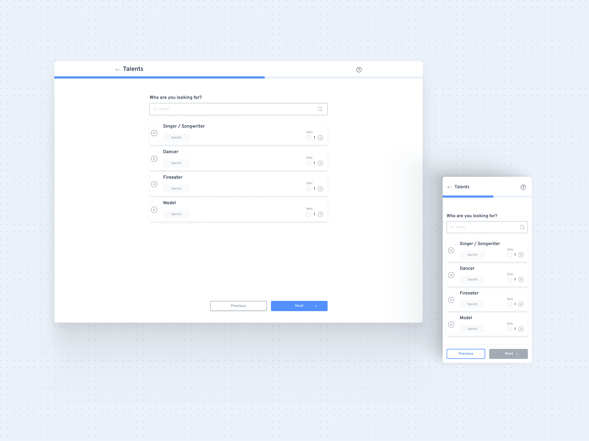 UI Design — Talents selection — Desktop and Mobile